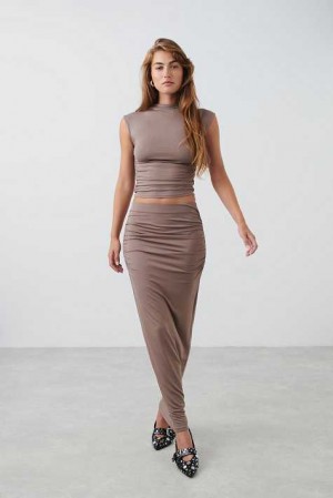 Beige Women Gina Tricot Soft Touch Ruched Skirts | 69RDPVGOT