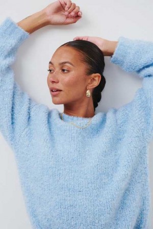 Blue Women Gina Tricot Boucle Knitted Sweaters | 59OYNTRKU