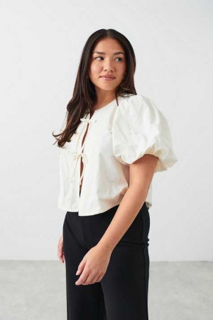 White Women Gina Tricot Puff Sleeve Blouse | 23RGYNUFA